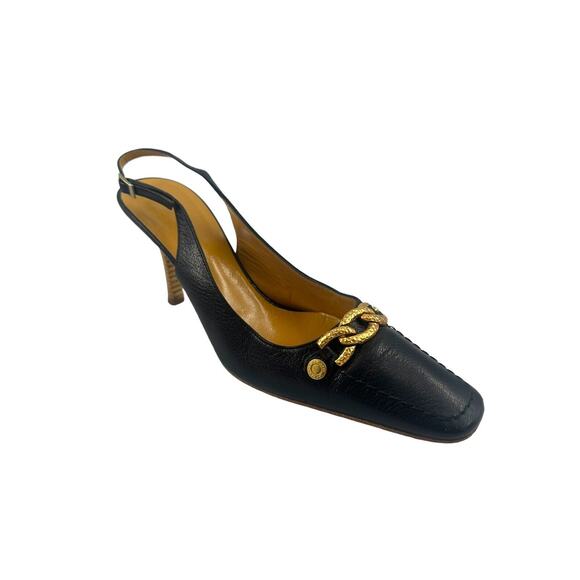 St. John Collection Italian black slingback high heels w/gold chain accents Sz 7 - Picture 10 of 16